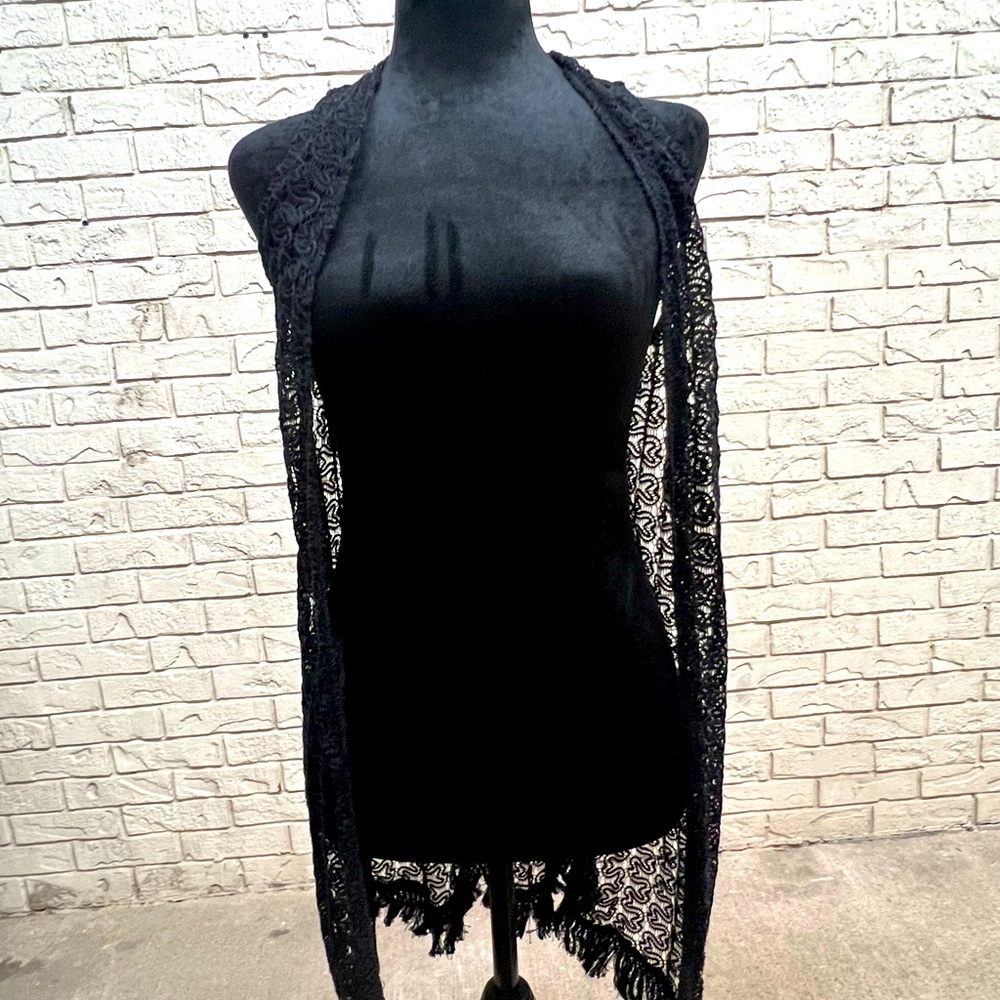 Crochet knit black vest open front tunic